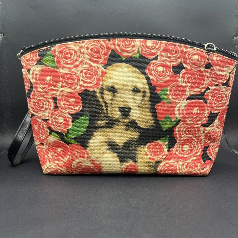 Vintage Y2K Braciano Golden Retriever Puppy Cosmetic Bag Pink Sequin Rose